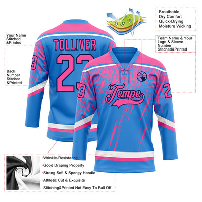 Custom Powder Blue Pink Navy-White 3D Splash Hockey Lace Neck Jersey