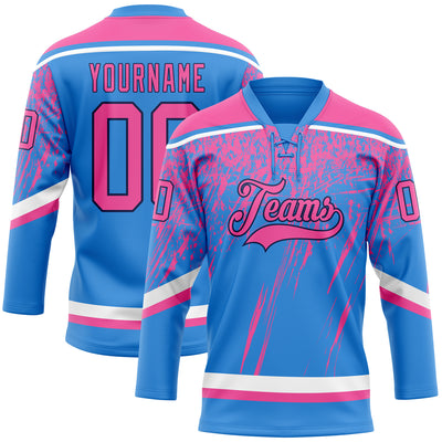 Custom Powder Blue Pink Navy-White 3D Splash Hockey Lace Neck Jersey