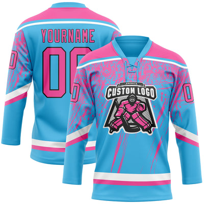Custom Sky Blue Pink Black-White 3D Splash Hockey Lace Neck Jersey