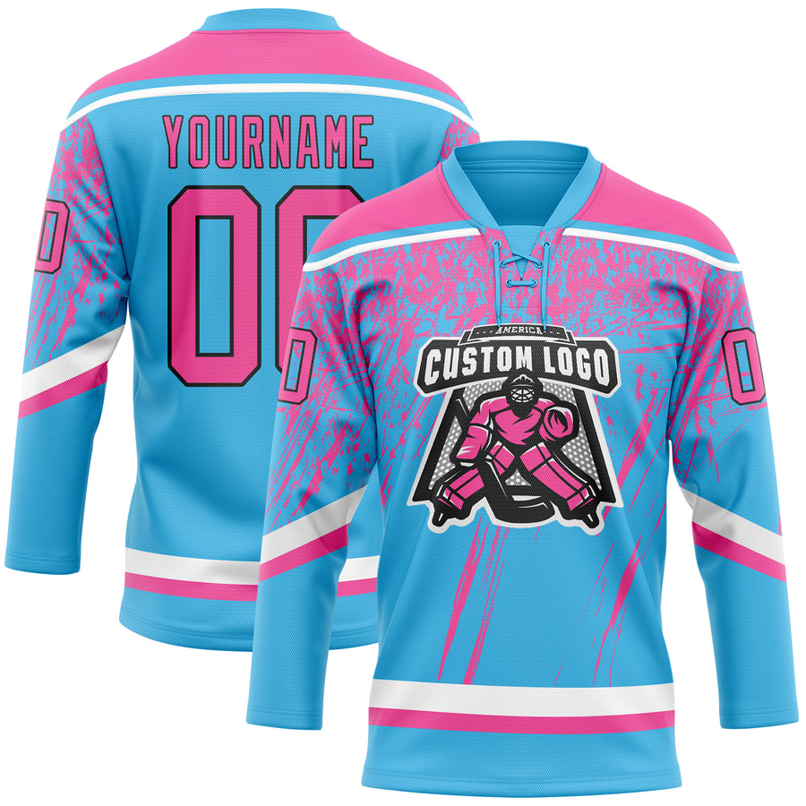 Custom Sky Blue Pink Black-White 3D Splash Hockey Lace Neck Jersey