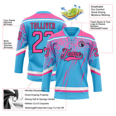 Custom Sky Blue Pink Black-White 3D Splash Hockey Lace Neck Jersey