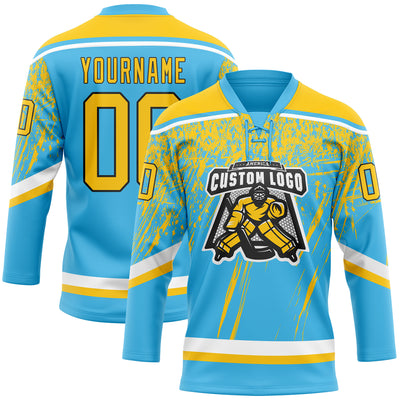 Custom Sky Blue Yellow Black-White 3D Splash Hockey Lace Neck Jersey