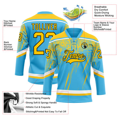 Custom Sky Blue Yellow Black-White 3D Splash Hockey Lace Neck Jersey