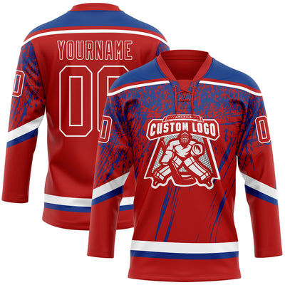 Custom Red Royal-White 3D Splash Hockey Lace Neck Jersey