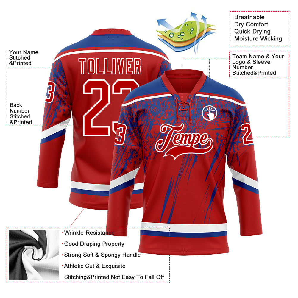 Custom Red Royal-White 3D Splash Hockey Lace Neck Jersey