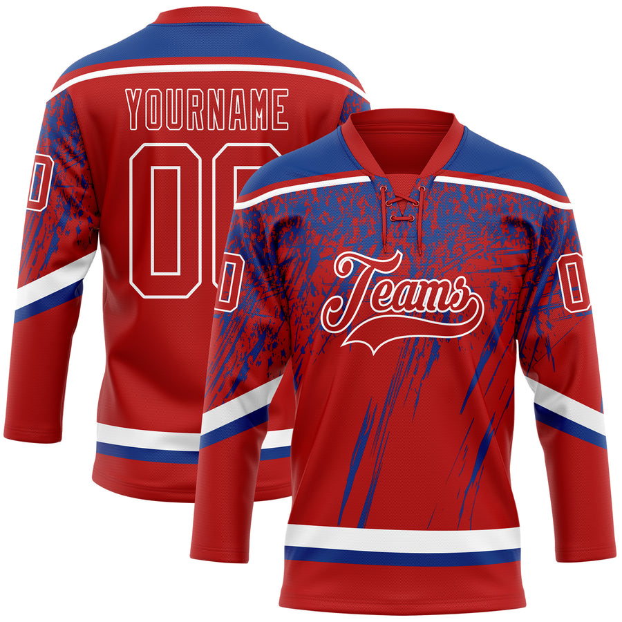 Custom Red Royal-White 3D Splash Hockey Lace Neck Jersey