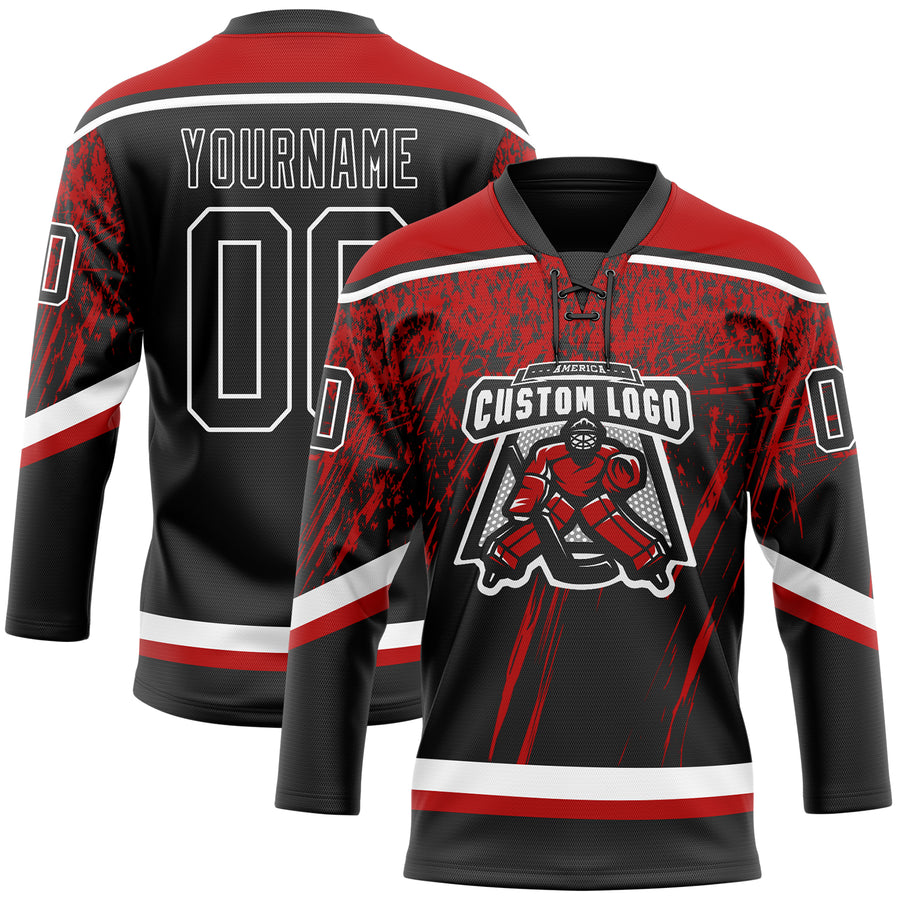 Custom Black Red-White 3D Splash Hockey Lace Neck Jersey