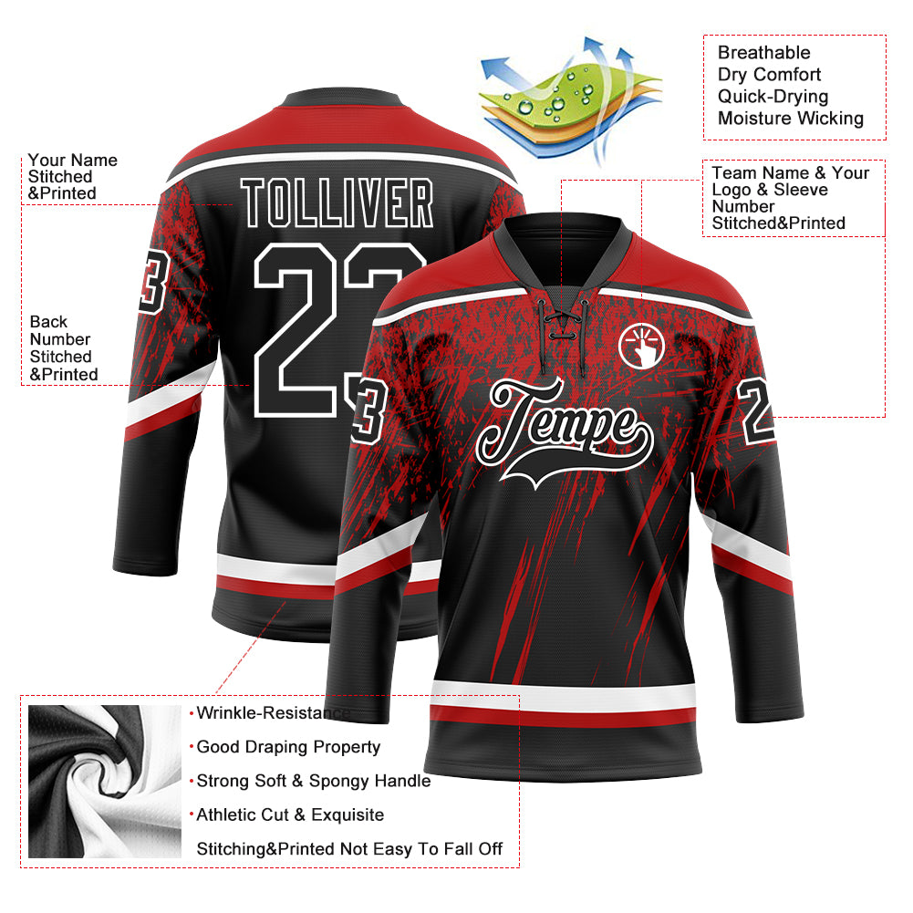 Custom Black Red-White 3D Splash Hockey Lace Neck Jersey