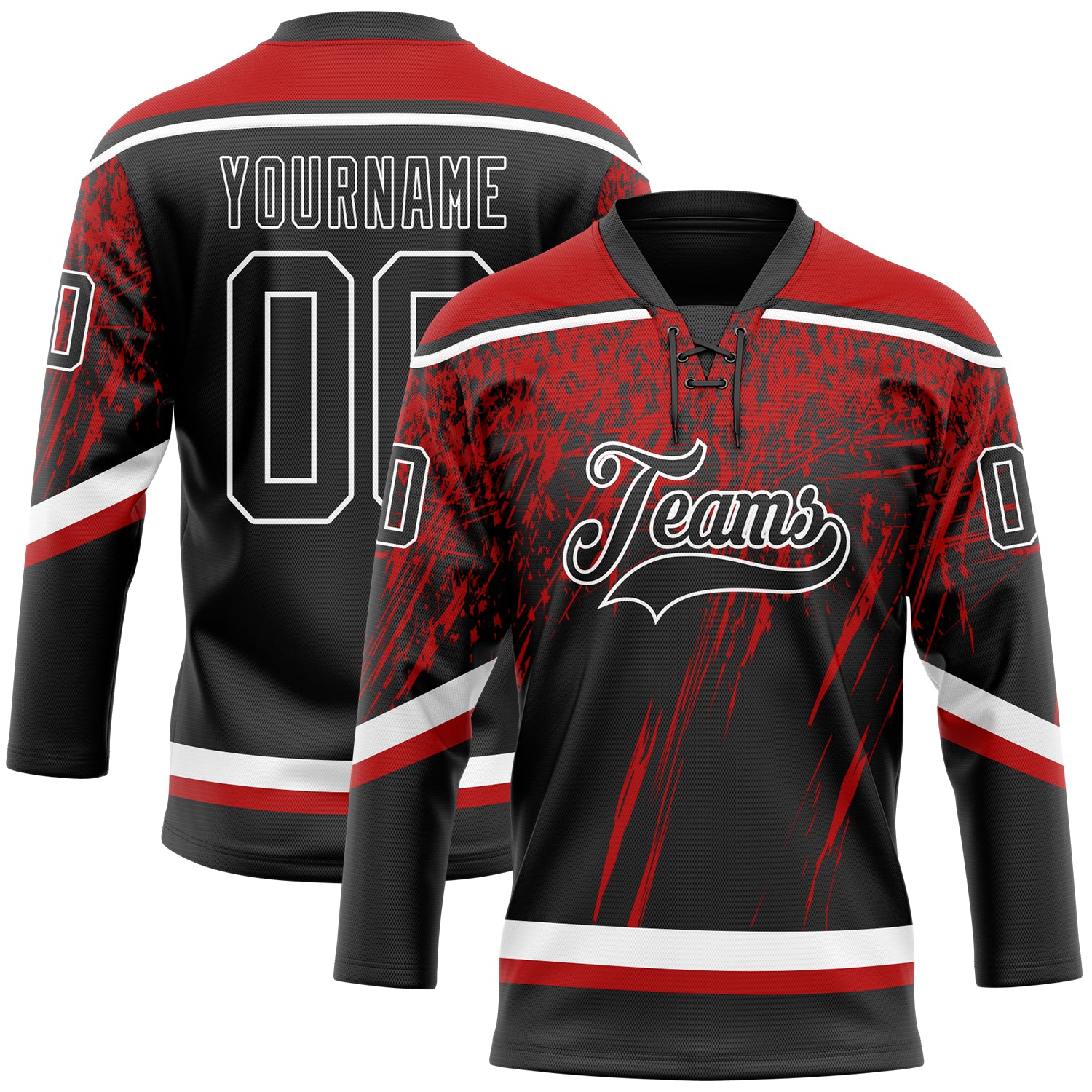 Custom Black Red-White 3D Splash Hockey Lace Neck Jersey