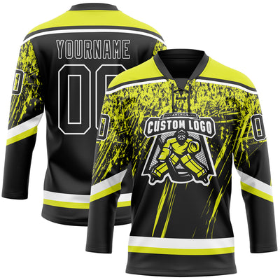 Custom Black Neon Yellow-White 3D Splash Hockey Lace Neck Jersey