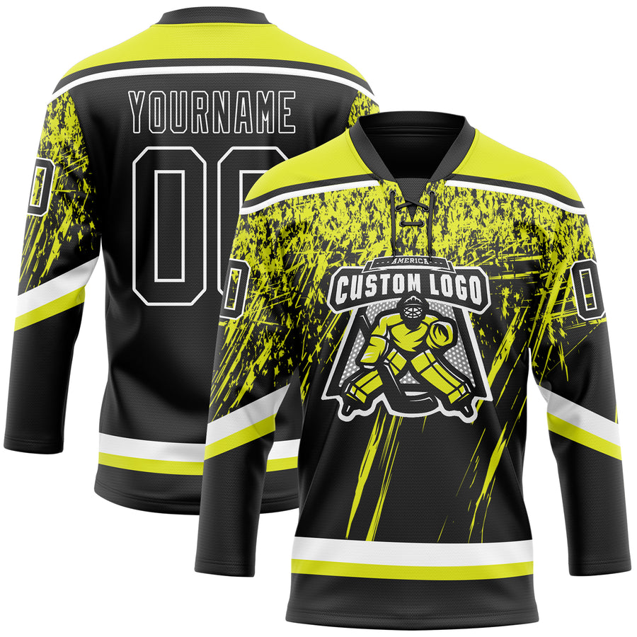 Custom Black Neon Yellow-White 3D Splash Hockey Lace Neck Jersey