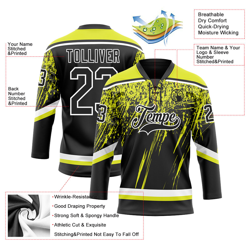 Custom Black Neon Yellow-White 3D Splash Hockey Lace Neck Jersey