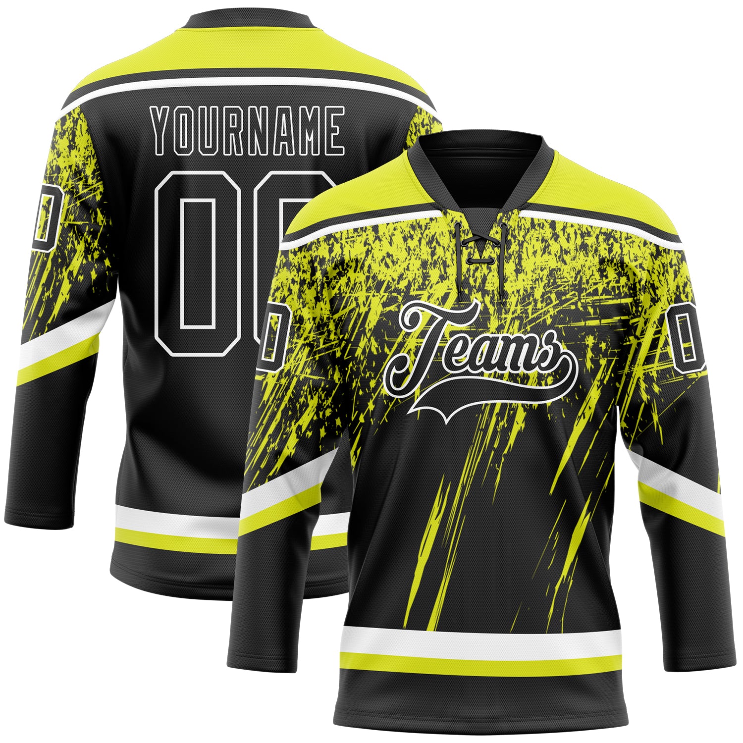 Custom Black Neon Yellow-White 3D Splash Hockey Lace Neck Jersey