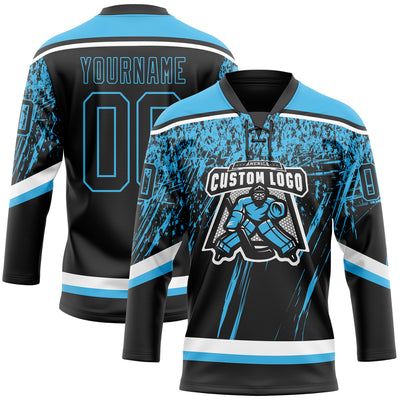 Custom Black Sky Blue-White 3D Splash Hockey Lace Neck Jersey