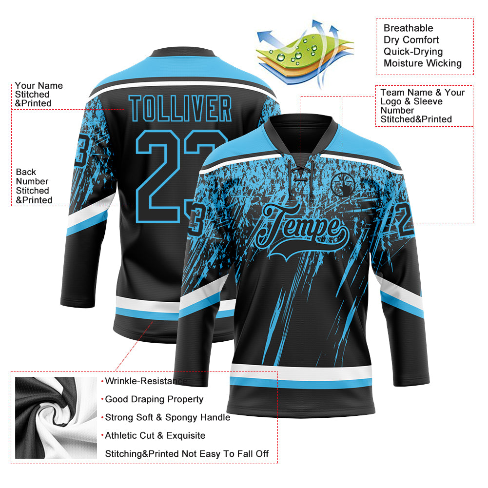 Custom Black Sky Blue-White 3D Splash Hockey Lace Neck Jersey