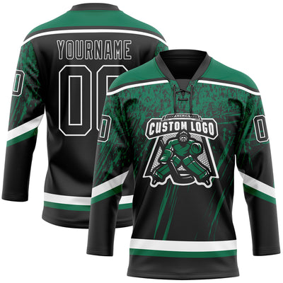 Custom Black Kelly Green-White 3D Splash Hockey Lace Neck Jersey