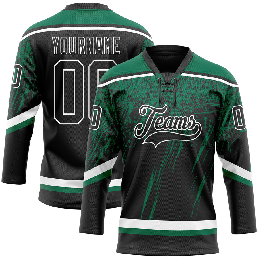 Custom Black Kelly Green-White 3D Splash Hockey Lace Neck Jersey