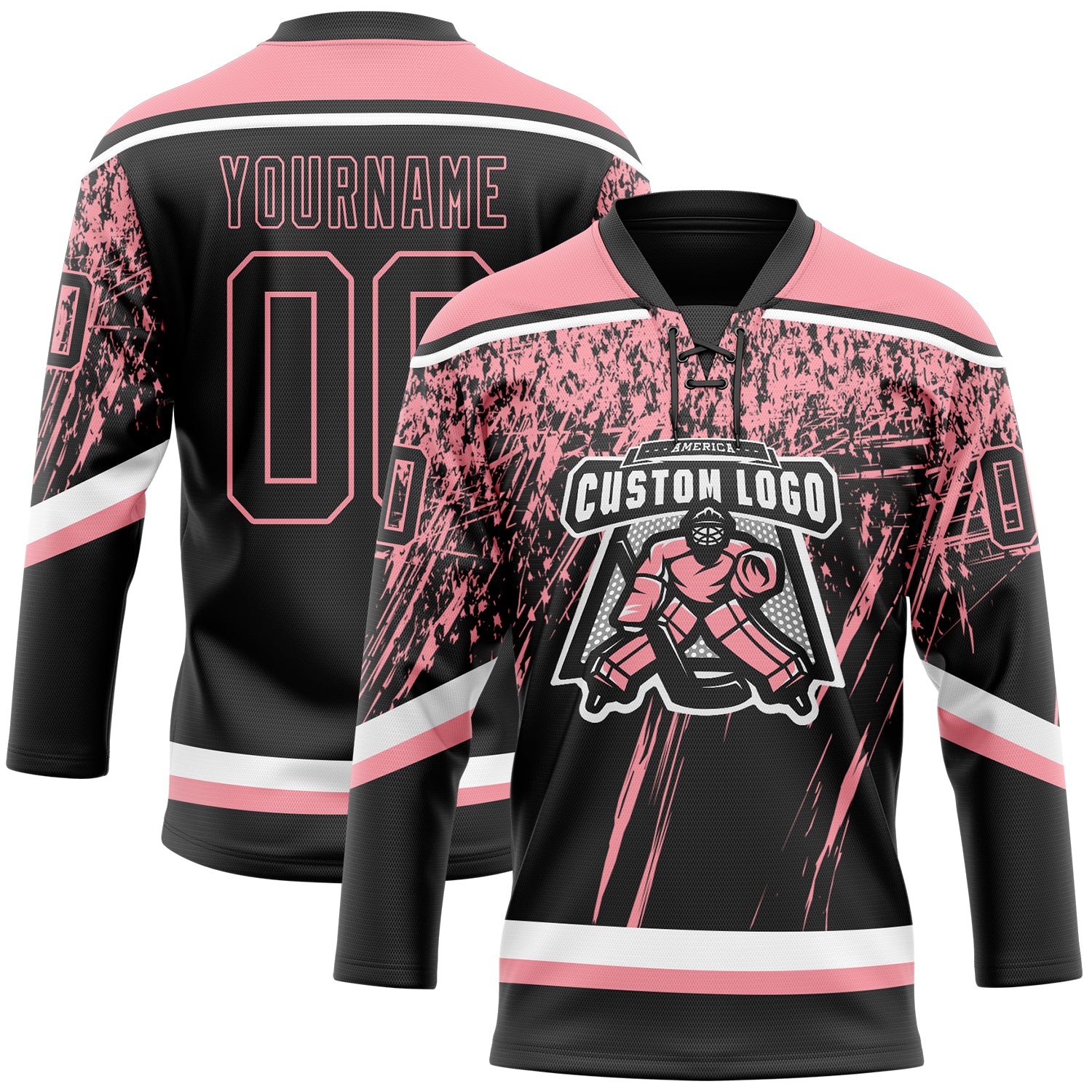 Custom Black Medium Pink-White 3D Splash Hockey Lace Neck Jersey