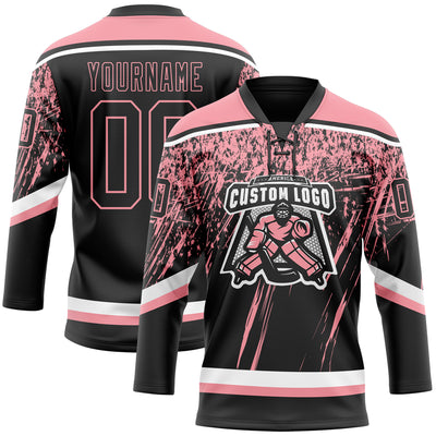 Custom Black Medium Pink-White 3D Splash Hockey Lace Neck Jersey