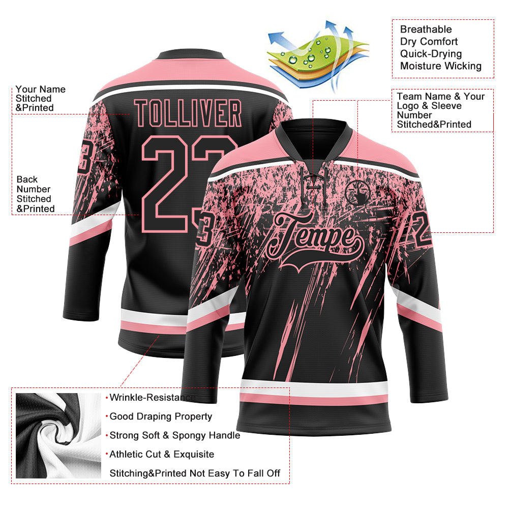 Custom Black Medium Pink-White 3D Splash Hockey Lace Neck Jersey