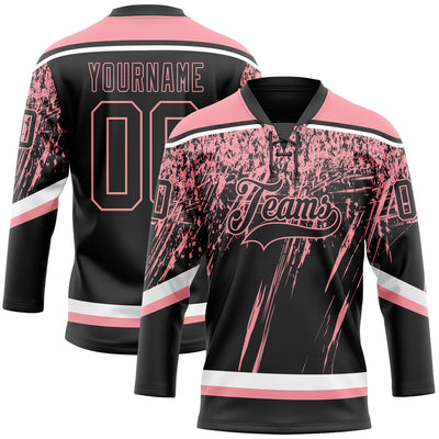 Custom Black Medium Pink-White 3D Splash Hockey Lace Neck Jersey