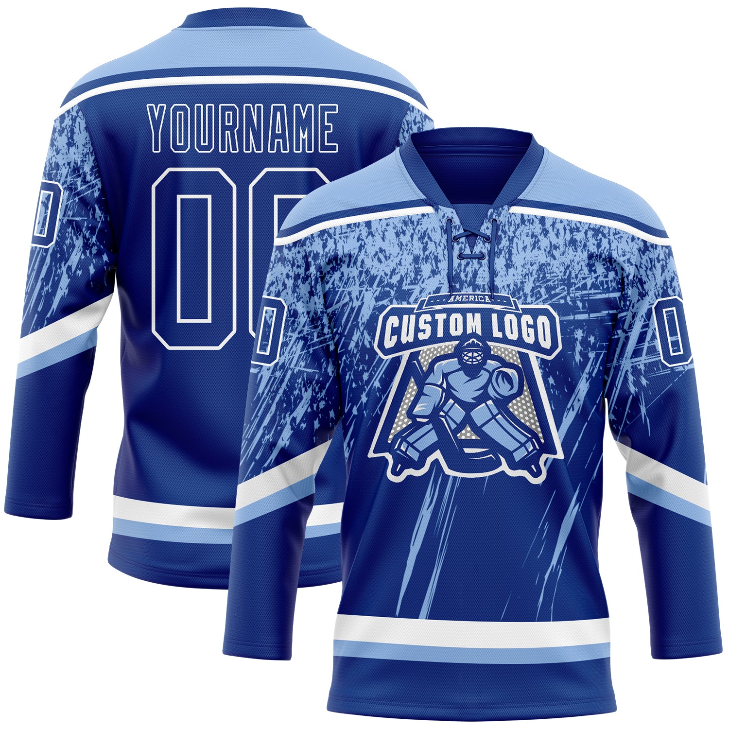 Custom Royal Light Blue-White 3D Splash Hockey Lace Neck Jersey