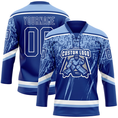 Custom Royal Light Blue-White 3D Splash Hockey Lace Neck Jersey