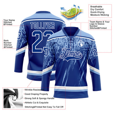 Custom Royal Light Blue-White 3D Splash Hockey Lace Neck Jersey