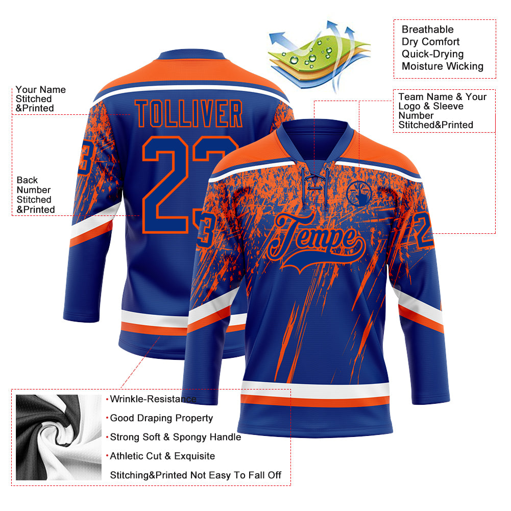 Custom Royal Orange-White 3D Splash Hockey Lace Neck Jersey