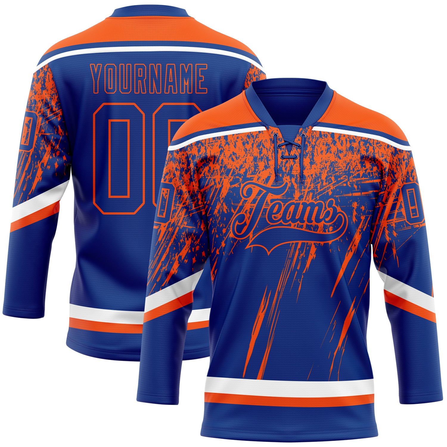 Custom Royal Orange-White 3D Splash Hockey Lace Neck Jersey