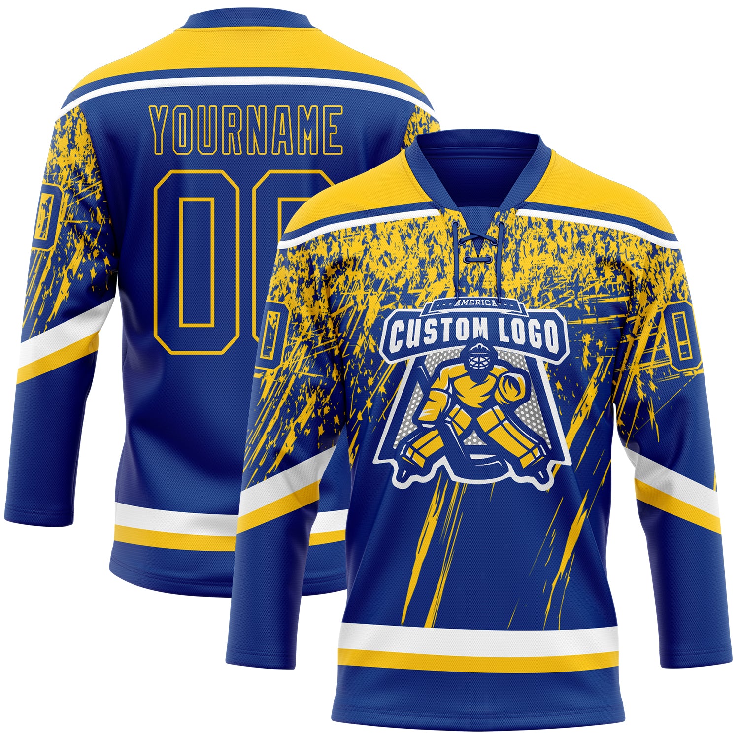 Custom Royal Yellow-White 3D Splash Hockey Lace Neck Jersey