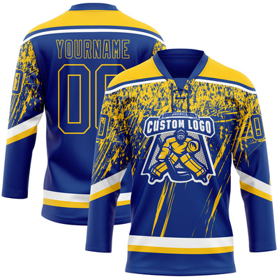 Custom Royal Yellow-White 3D Splash Hockey Lace Neck Jersey