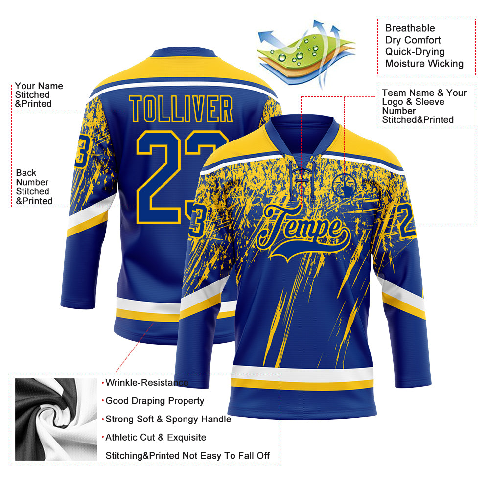Custom Royal Yellow-White 3D Splash Hockey Lace Neck Jersey