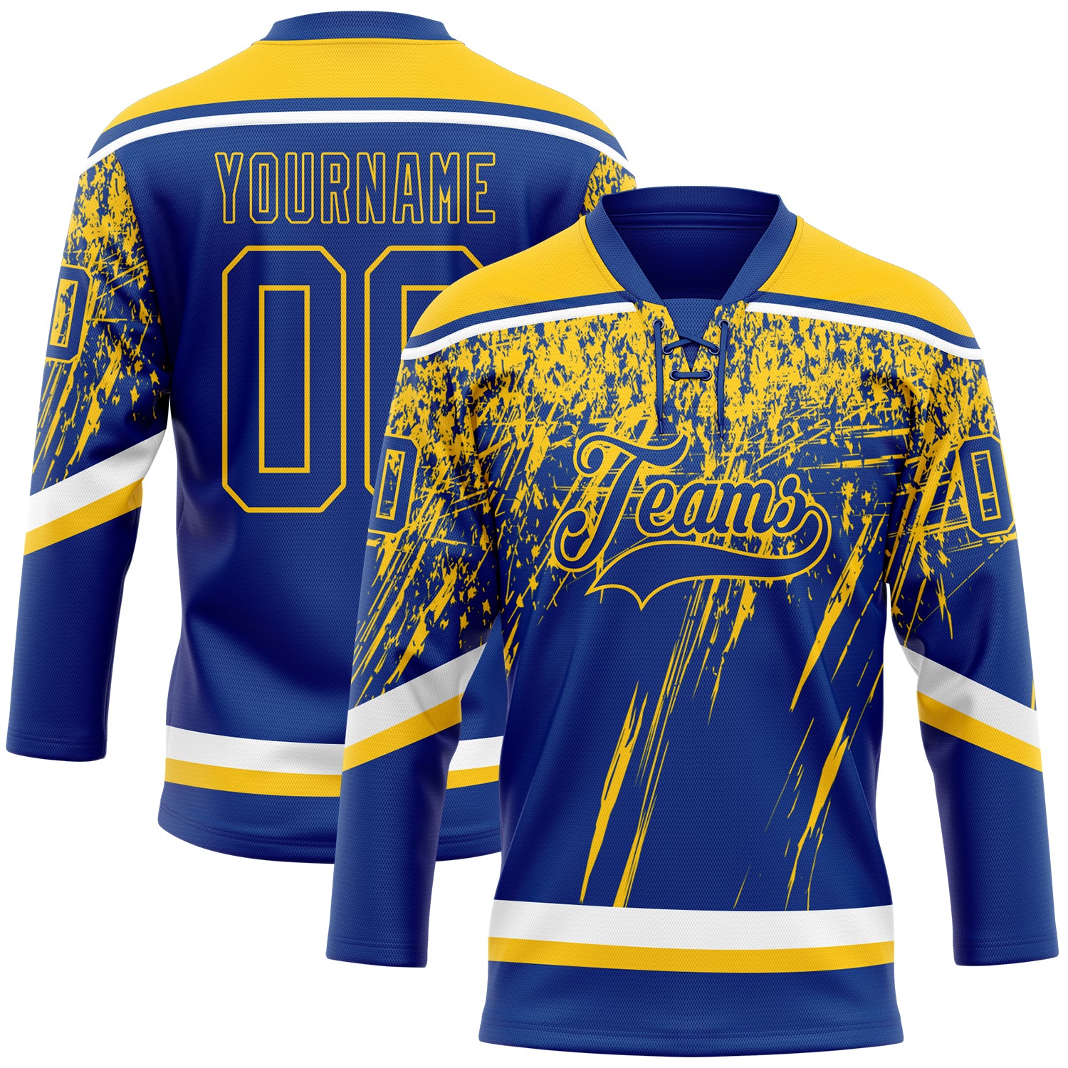 Custom Royal Yellow-White 3D Splash Hockey Lace Neck Jersey