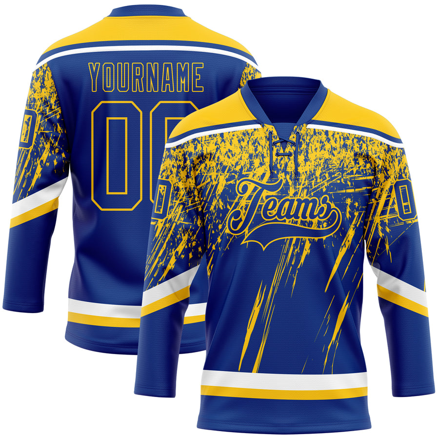 Custom Royal Yellow-White 3D Splash Hockey Lace Neck Jersey