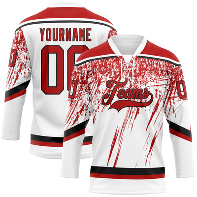 Custom White Red-Black 3D Splash Hockey Lace Neck Jersey
