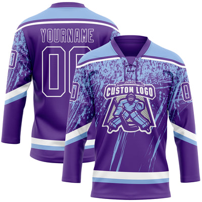 Custom Purple Light Blue-White 3D Splash Hockey Lace Neck Jersey