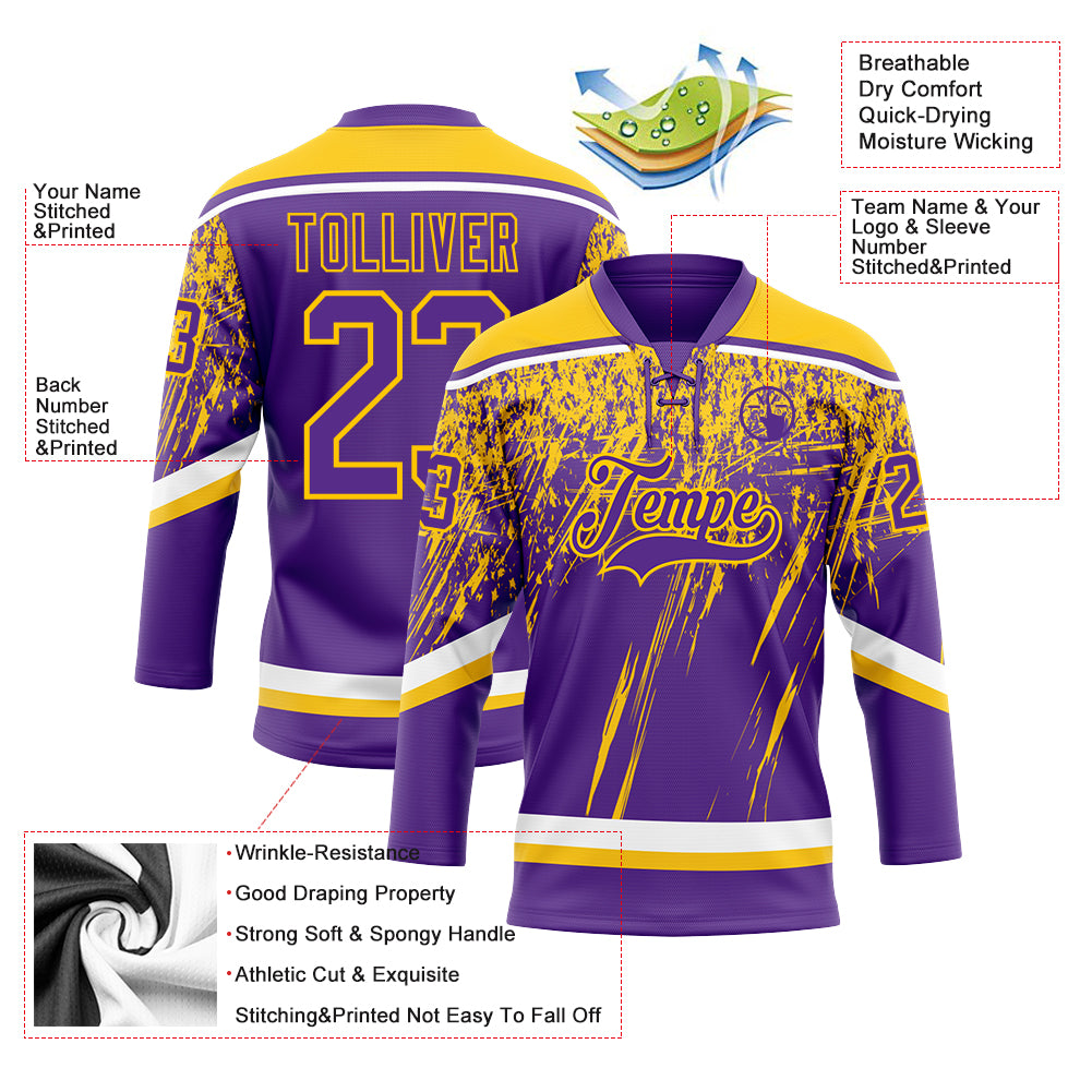 Custom Purple Yellow-White 3D Splash Hockey Lace Neck Jersey