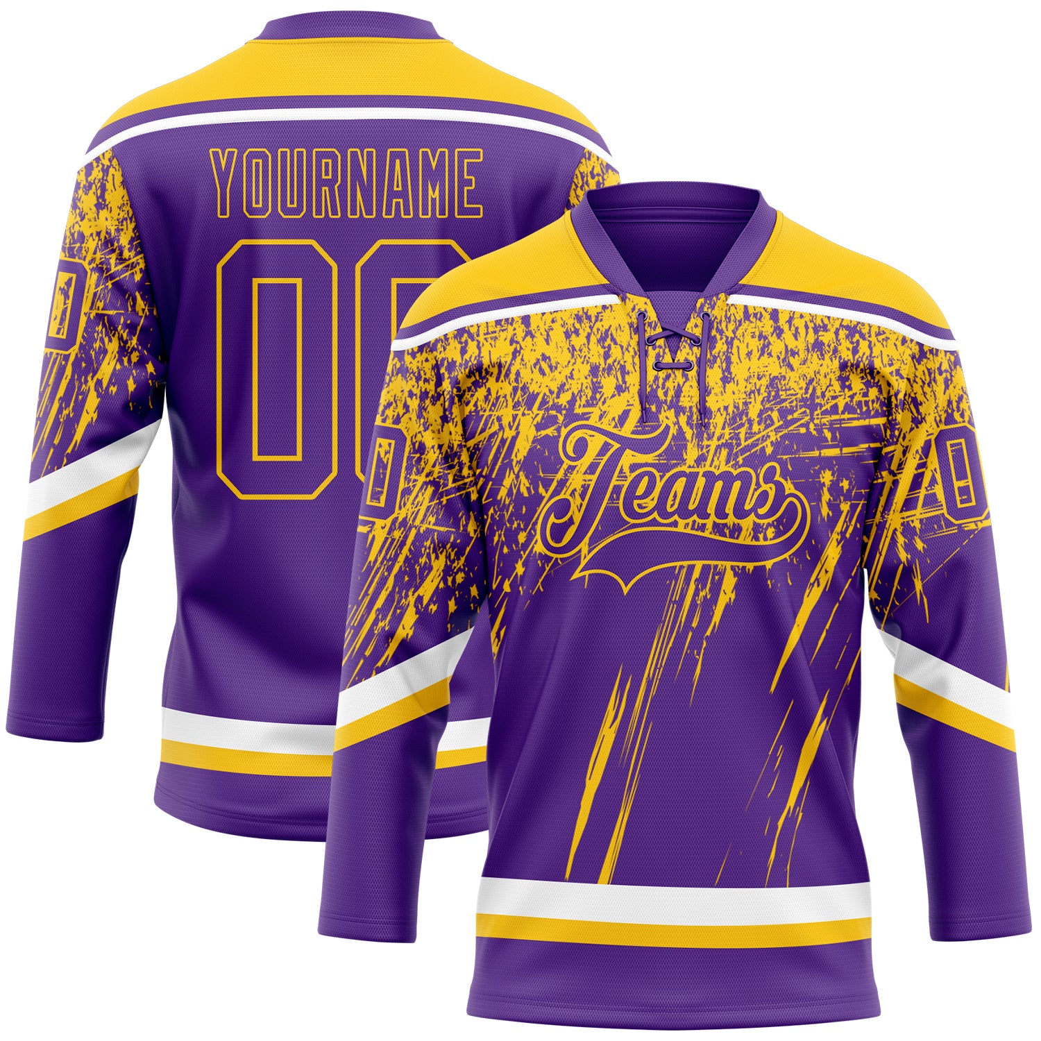 Custom Purple Yellow-White 3D Splash Hockey Lace Neck Jersey