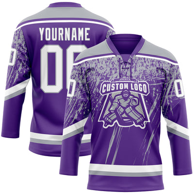 Custom Purple White-Gray 3D Splash Hockey Lace Neck Jersey