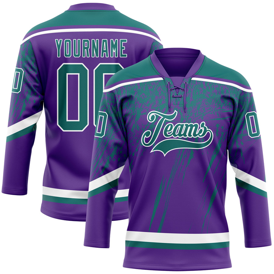 Custom Purple Teal-White 3D Splash Hockey Lace Neck Jersey