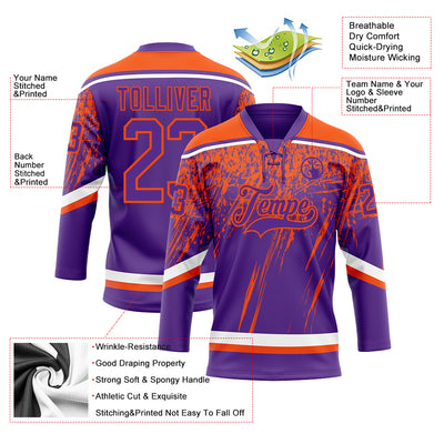 Custom Purple Orange-White 3D Splash Hockey Lace Neck Jersey