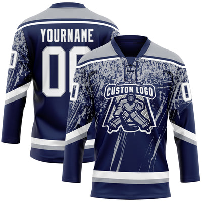 Custom Navy White-Gray 3D Splash Hockey Lace Neck Jersey