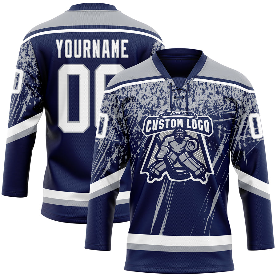 Custom Navy White-Gray 3D Splash Hockey Lace Neck Jersey