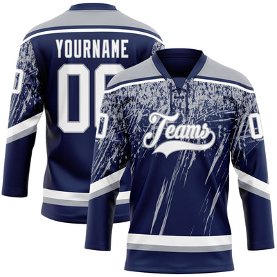 Custom Navy White-Gray 3D Splash Hockey Lace Neck Jersey