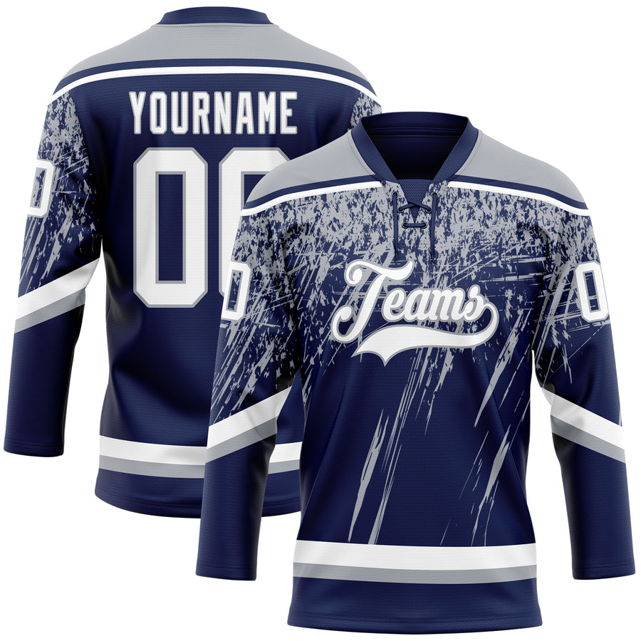 Custom Navy White-Gray 3D Splash Hockey Lace Neck Jersey