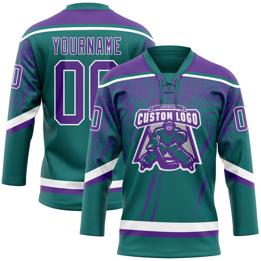 Custom Teal Purple-White 3D Splash Hockey Lace Neck Jersey
