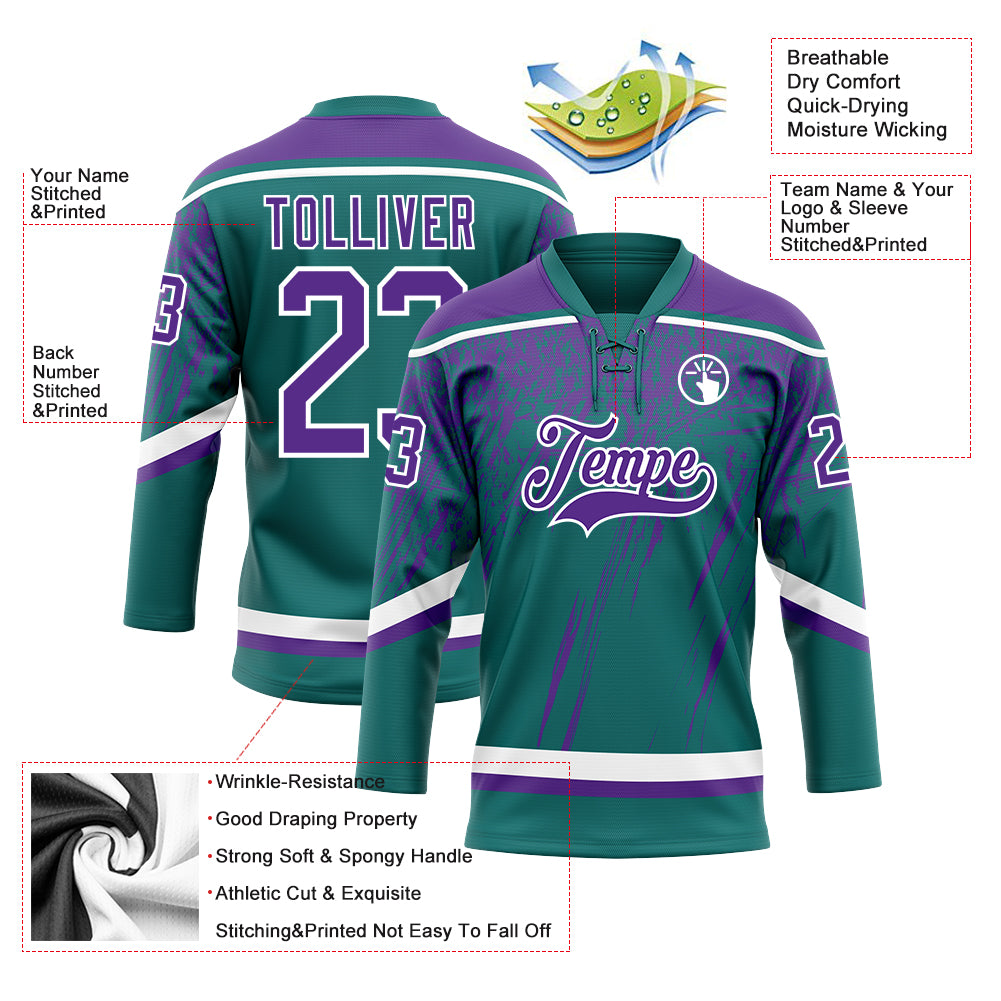 Custom Teal Purple-White 3D Splash Hockey Lace Neck Jersey