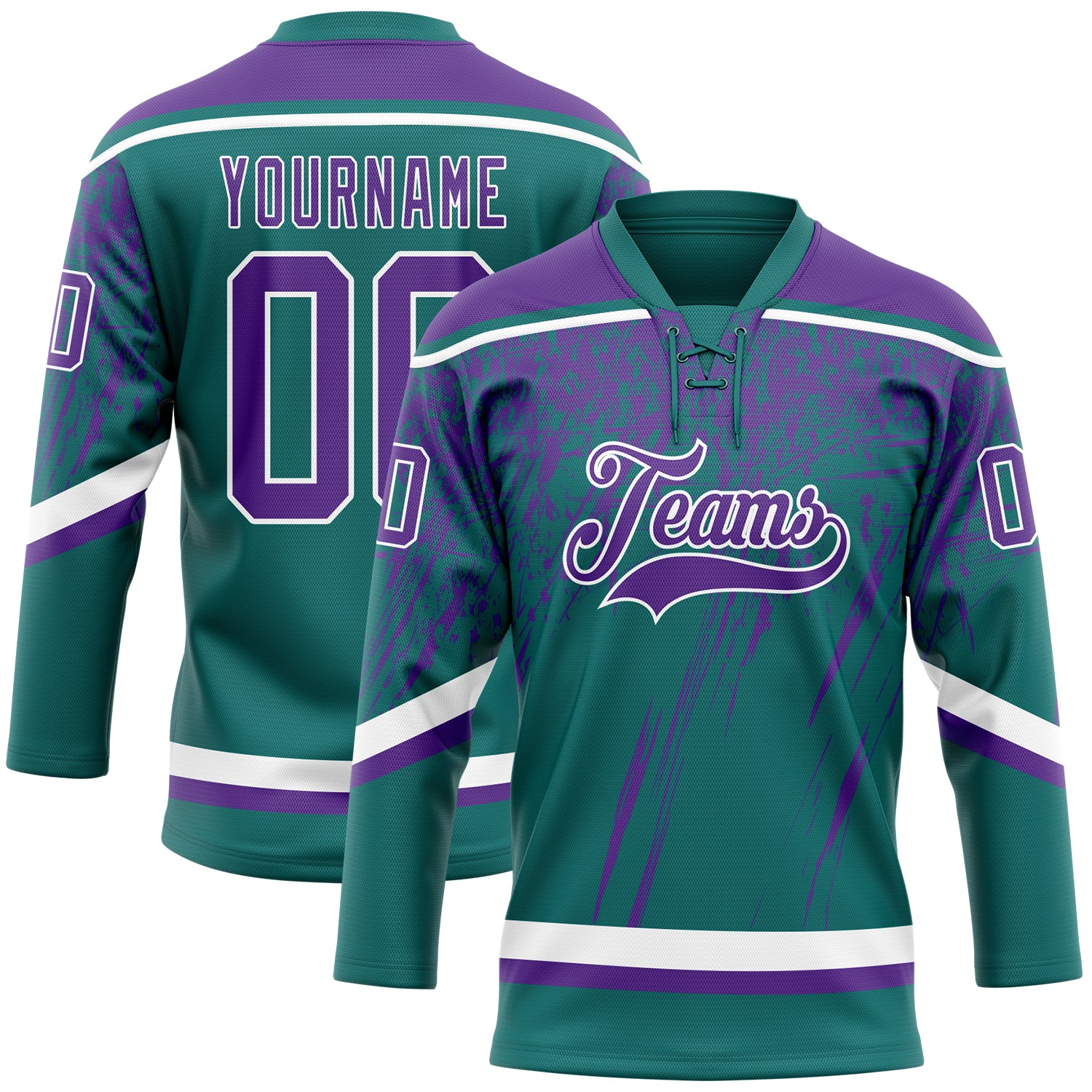 Custom Teal Purple-White 3D Splash Hockey Lace Neck Jersey