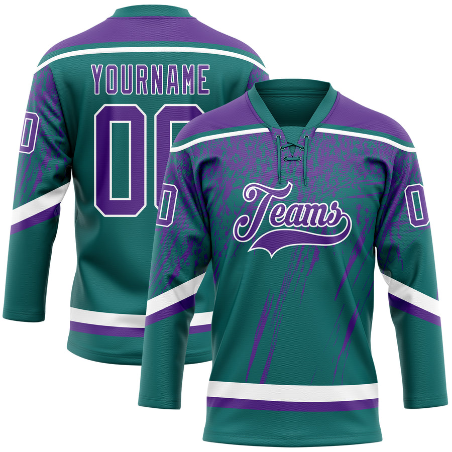 Custom Teal Purple-White 3D Splash Hockey Lace Neck Jersey